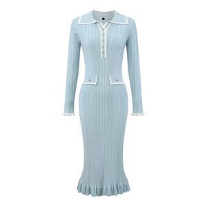 Women's Winter Sweater Dress Contrast Trim Ruffled Hem Bodycon Dress Light Blue
